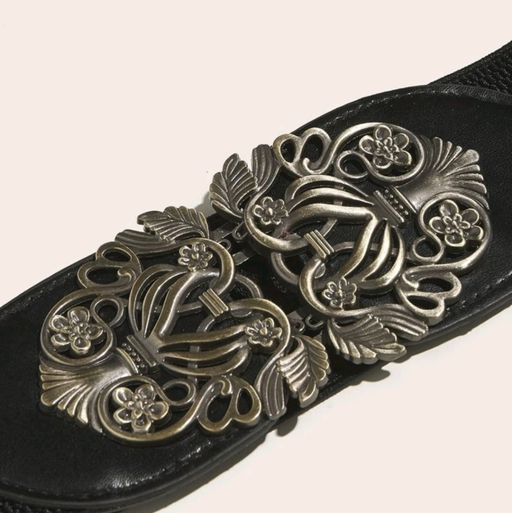 Plus Black Vintage floral buckle corset boho elastic wide steampunk waist belt - Picture 6 of 6